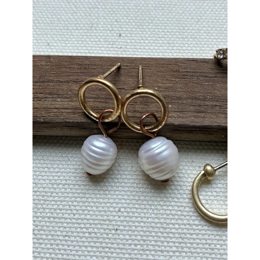 Y2K Gold Tone Earrings Lot Faux Pearl Pink Crystal Hoops Coquette 5 Pairs VTG